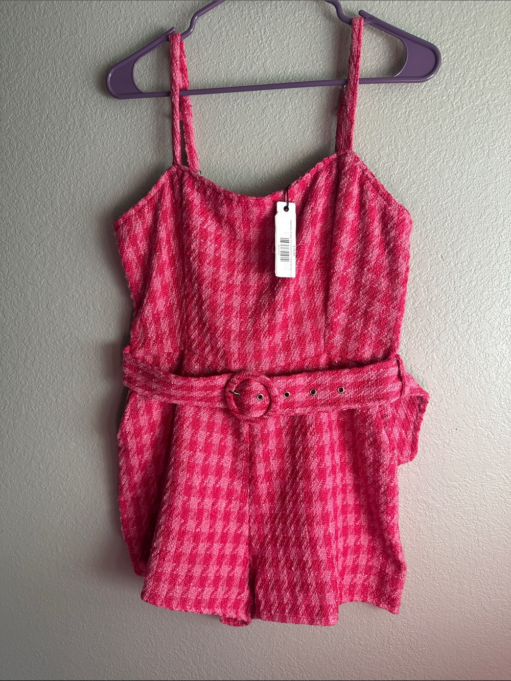 Women's Pink Textured Belted Romper